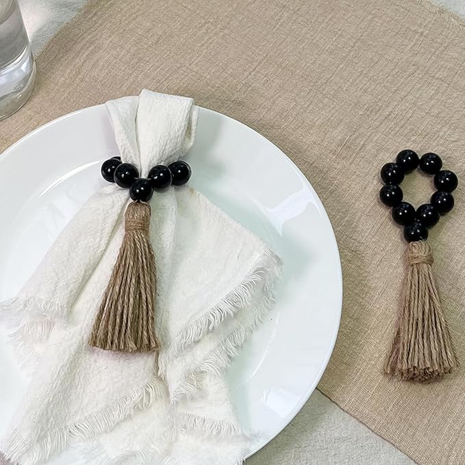 Napkin Rings Set of 12,Wooden Napkin Ring,Wood Bead Elastic Farmhouse Napkin Holder with Tassel,Boho Napkin Rings for Table Decor,Weeding,Dinner,Party (Black)