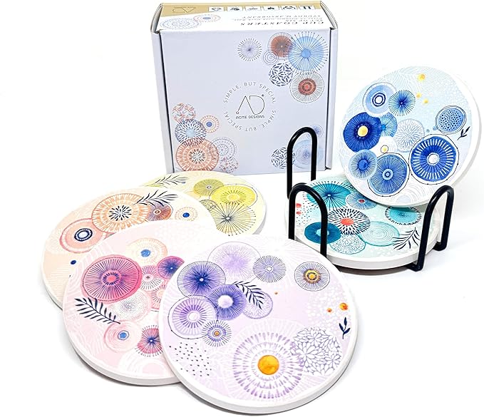 AD Set of 6 Coasters for Drinks Absorbing Round Ceramic Stone Coaster with Cork Base Tabletop Protection Mat for Mugs and Cups,Office,Kitchen (Color Droplets with Black Holder)