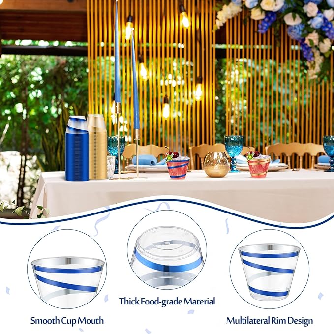 Gejoy 9 oz Rimmed Swirl Plastic Cups Disposable Wine Drinking Cups Clear Elegant Halloween Tumblers for Christmas Party Supplies(Gold, Blue,100 Pcs)