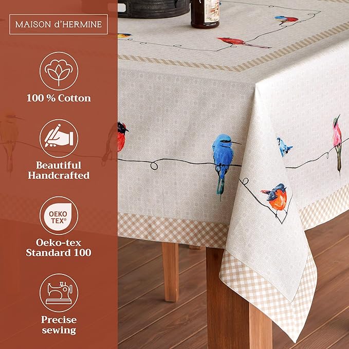 Maison d' Hermine Table Cloth Rectangle Table 100% Cotton 70 x 120 Inches Tablecloth Reusable Decorative for Dining Room Farmhouse Home Valentines Day Decorations Spring Summer - Birdies on Wire