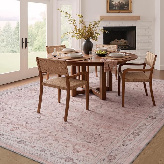 MontVoo-Vintage Area Rug 9X12 Pink Rugs for Living Room-Soft Distressed Printed Rugs for Bedroom-Non Slip Carpet-Machine Washable Rug for Dining Room Living Room Bedside Office