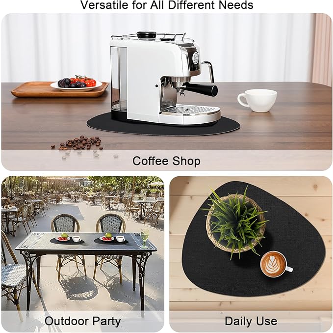Placemats and Coasters, Washable Reversible Placemats Round Faux Leather Wipeable Place Mats Non Slip Heat Resistant Indoor Outdoor Table Mats (Set of 4, Black)