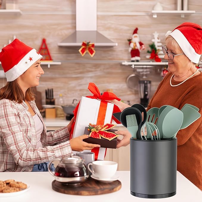 Kitchen Utensil Holder Extra Large 360°Rotating For Counter Organizer Stainless Steel Storage Cooking Silverware Caddy 3 Compartment Flatware Spoon Spatula Tool Cutlery Container(Grey)
