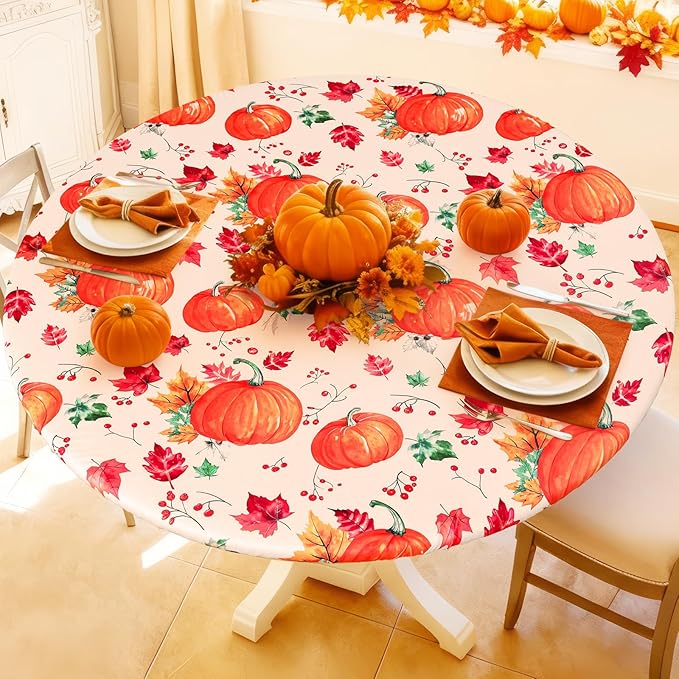 Round Spandex Thanksgiving Tablecloth, Elastic Fitted Waterproof Tablecloths for 57"-68" Tables, Stretch Washable Picnic Table Cover for Autumn Harvest Partiesr, Pumpkin Leaf