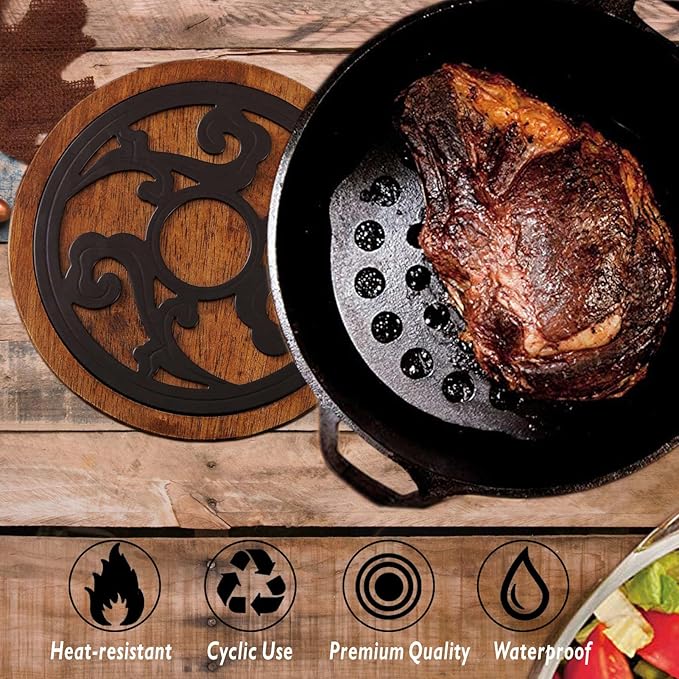 Cast Iron with Wood Trivet, Metal Trivets for Hot Dishes, Decorative 8-inch Round Kitchen Hot Pad, with Vintage Pattern for Serving Pot, Plates & Teapot on Kitchen Countertop or Dinning Table(Black)