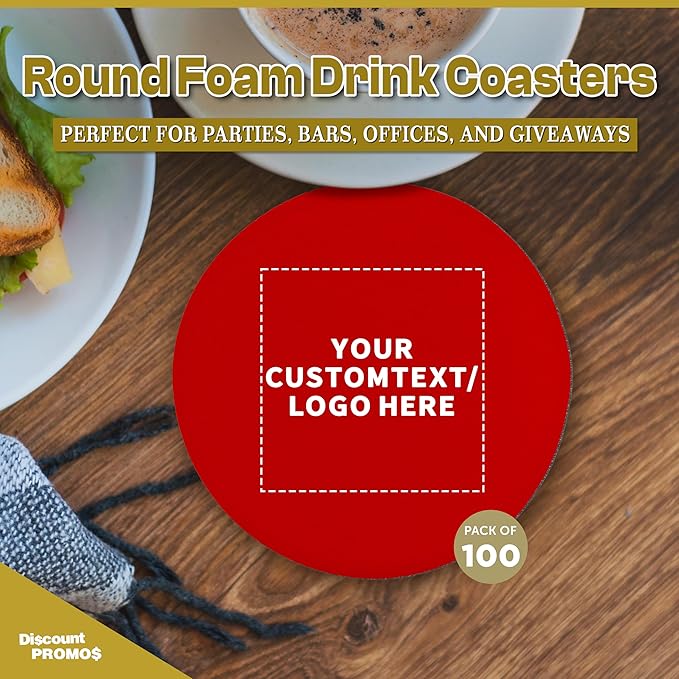 100 Round Foam Bud Coasters Pack, 4 inch - Customizable Text, Logo - PU Foam, Party Favor - Red