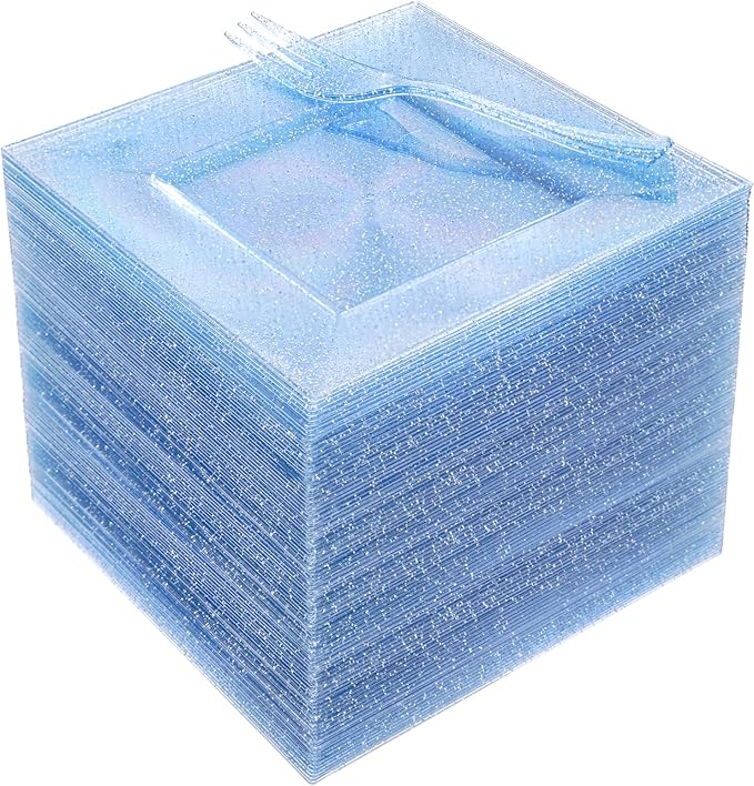 DaYammi 200 Pcs Blue Glitter Dessert Plates Including 100Pcs Appetizer Plates,100Pcs Plastic Forks,Blue Plastic Square Plate for Party,blue Disposable plates and Cake forks for Birthday Party Wedding