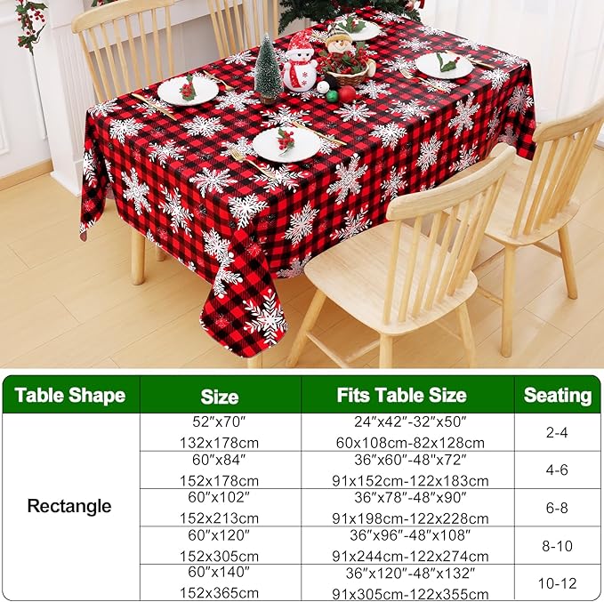 Smiry Christmas Rectangle Table Cloth, Waterproof Vinyl Tablecloth with Flannel Backing, Wipeable Bufflo Checked Snowflake Plastic Tablecloths for Christmas Table Decorations, (60"x120", Black & Red)