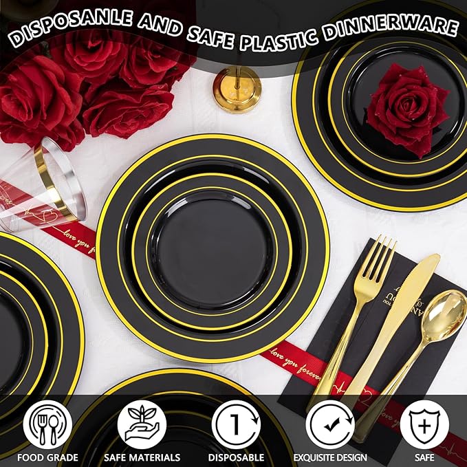 GATHER 350PCS Black Plastic Plates - Black and Gold Disposable Dinnerware Set Include 100 Plates, 150 Gold Silverware, 50 Napkins, 50 Cups for Party & Wedding & Birthday