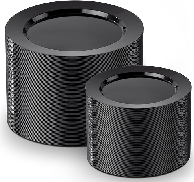 FLOWERCAT 200PCS Black Plastic Disposable Plates for Party - Black Plastic Plates - Serve for 100 Guests for New Year Parties and Birthday Events