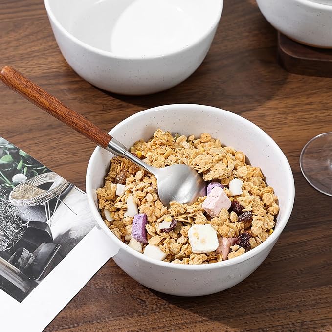 Cereal Bowls Set of 4,Ceramic Bowls for Kitchen,6 Inch Stoneware Bowls, Round Porcelain Pasta Bowl,Dishwasher&Microwave Safe,White(Brown Bottom)