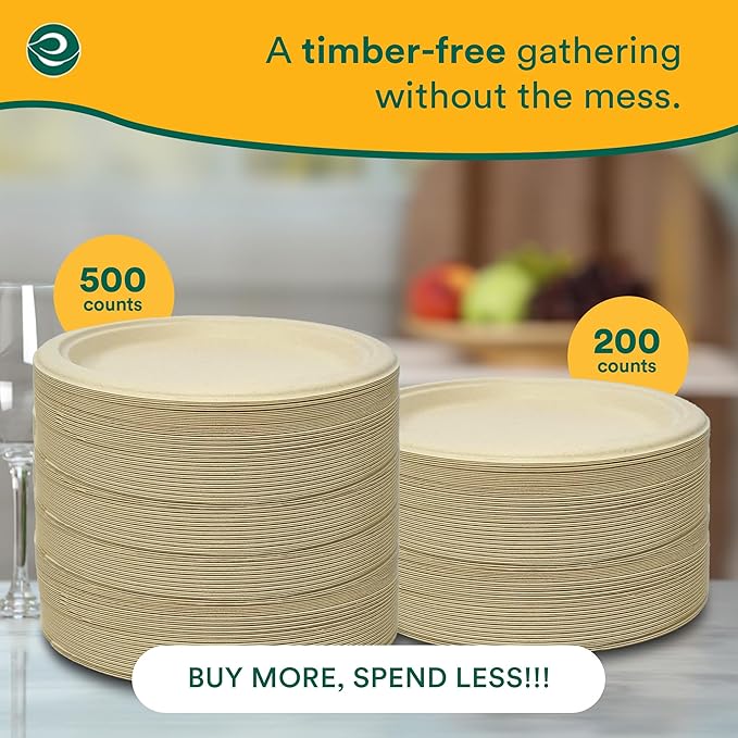 ECO SOUL 100% Compostable Paper Plates 10 Inch [500-Pack] Biodegradable Heavy Duty Eco-Friendly Disposable Plates for Dinner, Parties, Wedding & Event