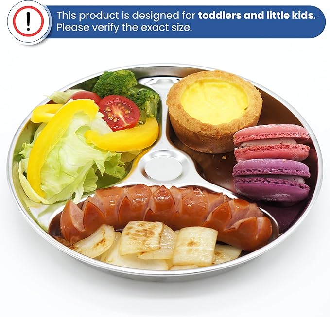 Korean Stainless Steel Divided Plates for Toddlers, Kids, Babies, 8-Inch, Premium 304, Electro-Polished, No Black Residue, BPA-Free, Round 3-Compartment Food Tray, Camping, Diet Control, Set of 2
