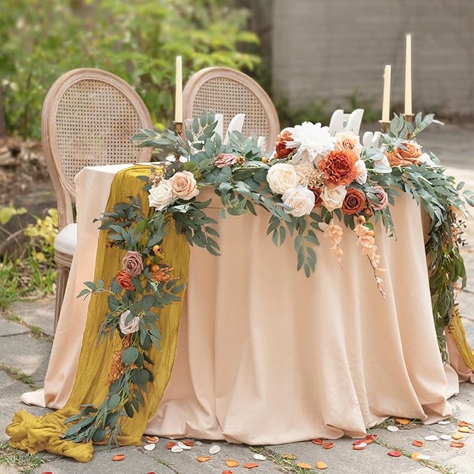 FUHSY 5 Pack 10FT Cheese Clothes Table Runners for Weddings Gold Cheesecloth Gauze Linen 35x120 Inch Romantic Rustic Dining Table Runner for Indoor Outdoor Table Centerpieces Party Table Cloth Runner
