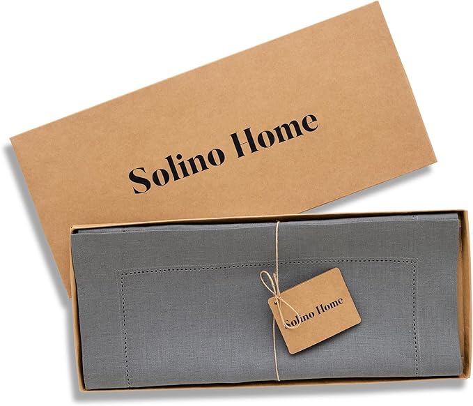 Solino Home Linen Steel Gray Table Runner 72 Inches Long - 100% Pure Linen Hemstitch Table Runner 14 x 72 Inch for Dresser, Dining, Spring - Classic Hemstitch