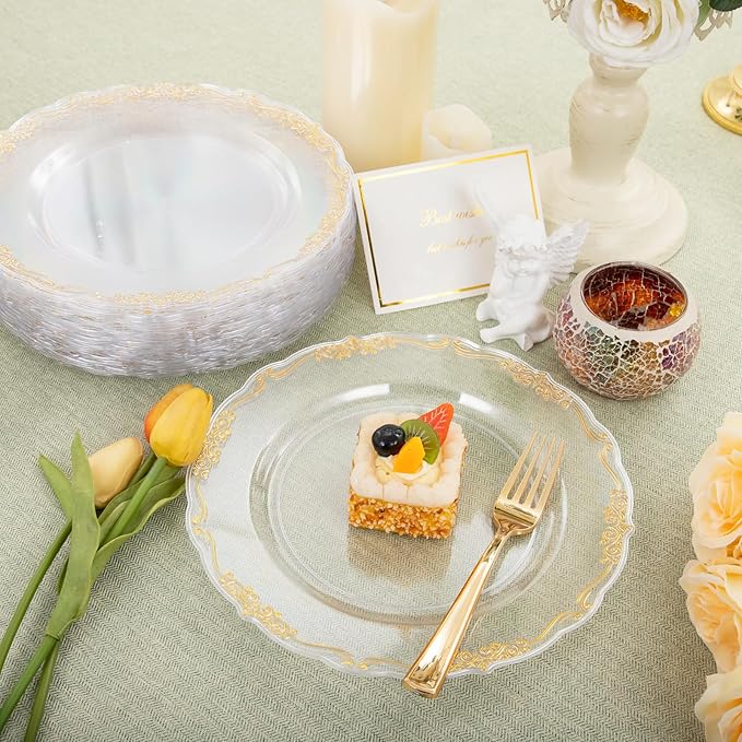 DaYammi 60PCS Clear Gold Plastic Plates Fancy Heavy Duty Clear Disposable Plates Premium 10.25inch Dinner Plates with Gold Rim Hard Plastic Plates Disposable for Party and Wedding