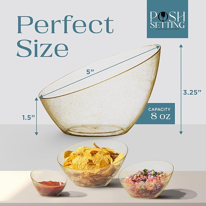 Posh Setting Gold Plastic Serving Bowls - Angled, Disposable for Chips, Candy, Salad, Fruit - Wedding and Party Table - Gold Glitter, 8 OZ, 5 Pack