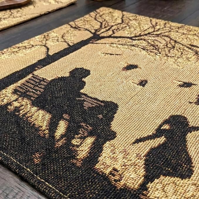 DaDalogy Farmhouse Rustic Dining Placemats - Set of 4 Tapestry Woven Cotton Halloween Kitchen Table Mats Fall Silhouette Decor - Family Cozy Cabin Orange Tan Black Decorative - 13” x 19”