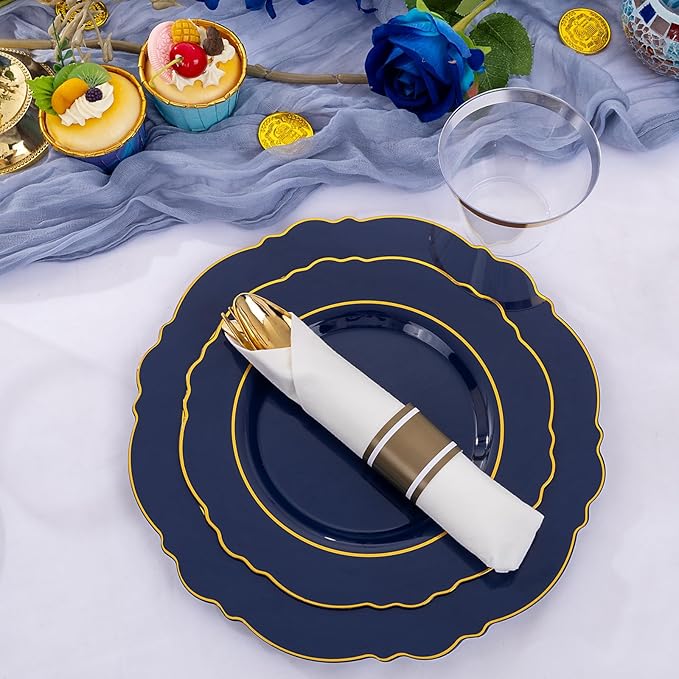 Liacere 350PCS Navy Blue Plastic Plates-Disposable Blue Gold Plates 50guest Plastic Dinnerware include 100Plates,50Pack Pre Rolled Napkins with Silverware 50Cups for Martin Luther King Jr