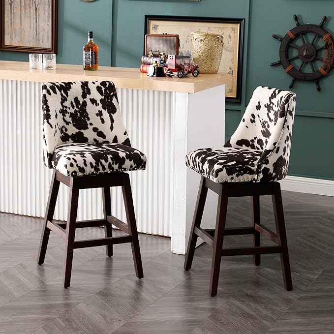 Counter Height Bar Stools Set of 4 Swivel Velvet Kitchen Stool Chairs with Back Mid Century Modern Barstool with Distressed Wood Legs for Dining Bar, Cow