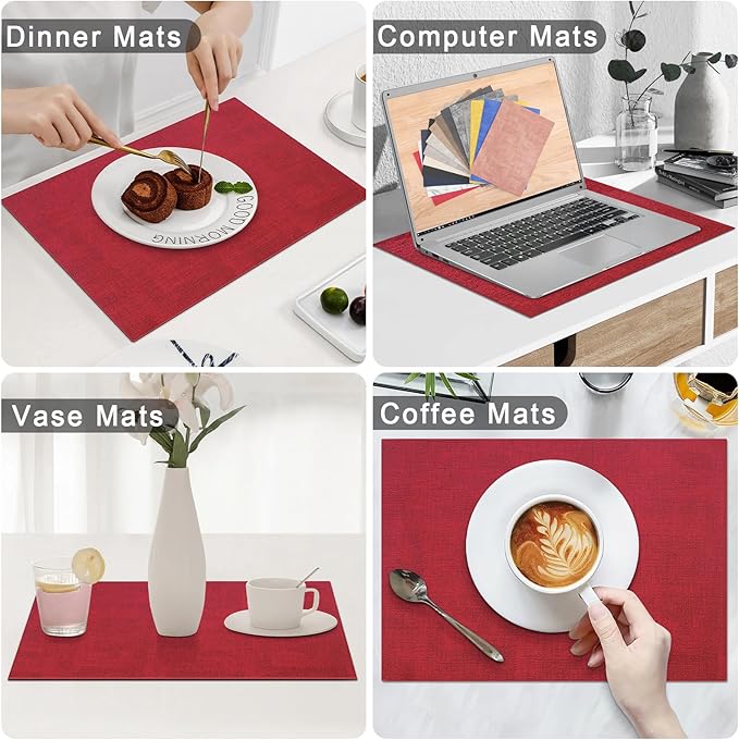 Homaxy Faux Leather Heat Resistant Placemats for Dining Table Set of 8, Waterproof Wipeable Washable PU Table Mats, Easy to Clean Anti-Slip Place Mats, 11.8" x 17", Red
