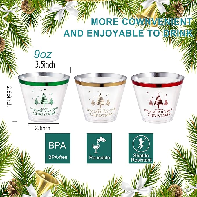 I00000 60PCS Merry Christmas Party Cups - Christmas Disposable Cups 9 Oz Clear Party Cups Wine Glasses Disposable Clear Plastic Cocktail Cups Tumblers Drinking Cups for Xmas Parties