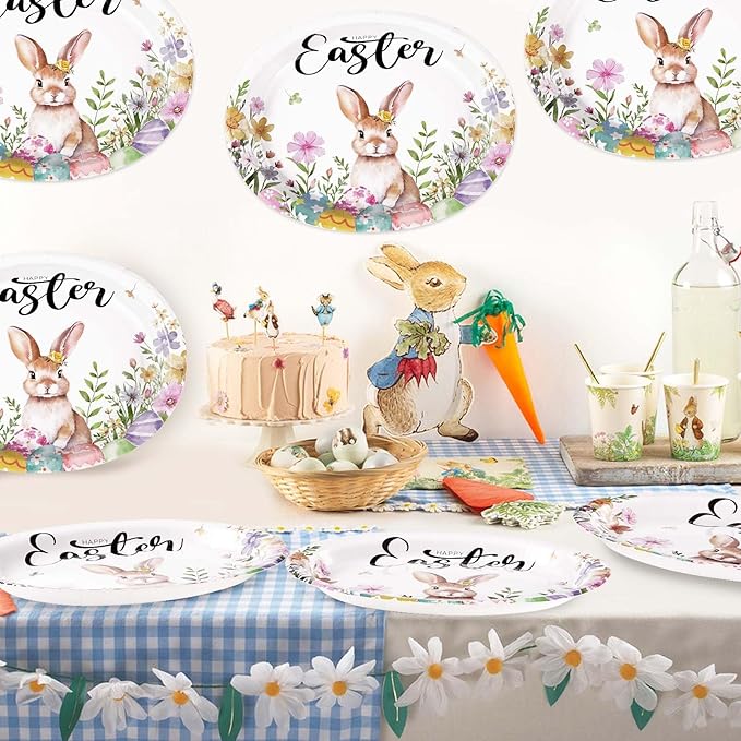 50PCS Easter Oval Paper Plates Easter Decorations 10" X 12" Large Easter Bunny Paper Plates Disposable Easter Party Plates Bunny Egg Flowers Tableware for Spring Easter Holiday Party Supplies