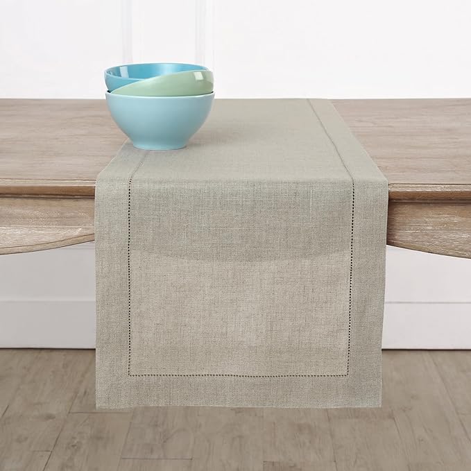 Solino Home Linen Natural Table Runner 90 Inches Long - 100% Pure Linen Hemstitch 14 x 90 Inch Table Runner for Dining, Spring, Easter - Classic Hemstitch
