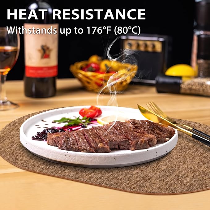 Placemats Set of 4 - Washable Heat Resistant Table Placemats - Wipeable Faux Leather Oval Place Mats, Waterproof Table Mats for Dining Table, Brown