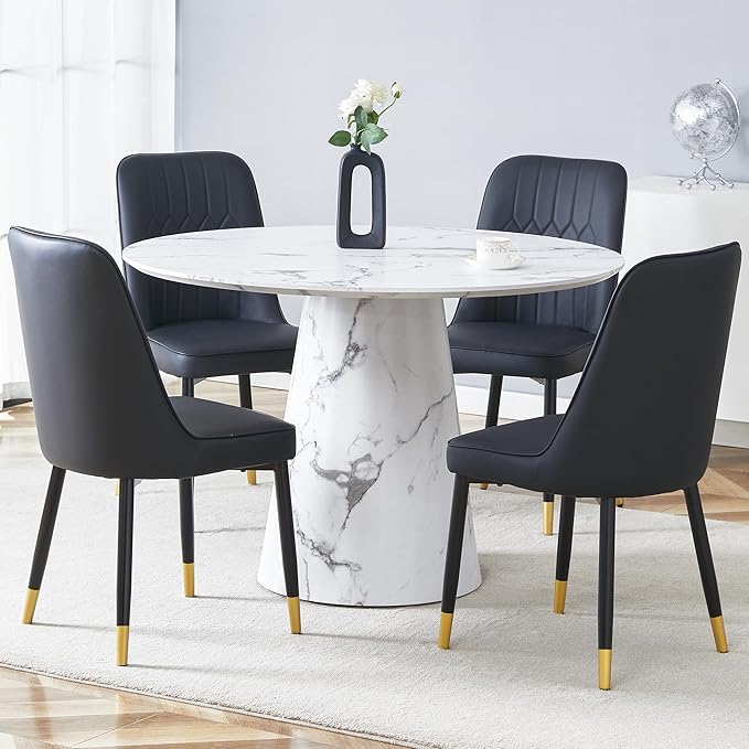 Round Dining Table Set for 4, 45" Modern Faux Marble Kitchen Table and Upholstered Chairs, 5 Piece Small Circle Dinette Set for Dining Room, Kitchen (White Set)
