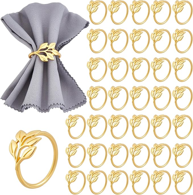Peacoblue 60Pcs Gold Leaf Rings Holders Modern Stainless Steel Napkin Ring Holders for Table Decor Settings, Vintage Napkin Ring for Wedding Christmas Thanksgiving Day Party