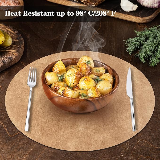 Round Placemats and Coasters Set of 4, Washable Reversible Faux Leather Placemats Cowhide Pattern Place Mats Wipeable Non-Slip 15 inch Round Kitchen Dining Table Mats (Gray Tan, 4)