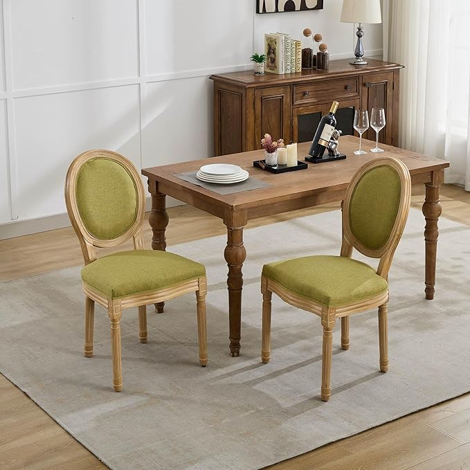 Vintage French Dining Chairs Set of 8, Round Back Upholstered Accent Chairs in Linen Fabric with Solid Wood Frame, Farmhouse Sillas de Comedor for Dining Room & Kitchen, Olive Green