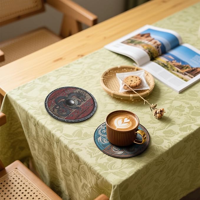 Viking Shield Coasters Leather Round Drink Coasters 6 Pcs Set with Holderor for Cup Drink Coffee Table Bar Home Decor