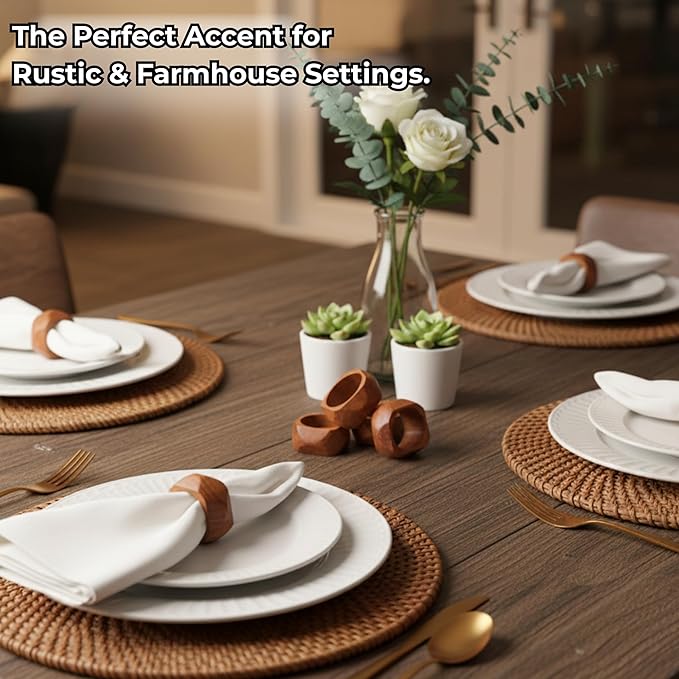 CLEENTABLE Wooden Napkin Rings Set of 12 Fall Decor for Home Square Acacia Wood Napkin Holders for Dining Table Wood Napkin Ring Rustic Table Décor for Weddings, Parties, Everyday Use (Brown)
