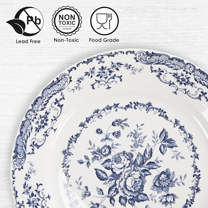 Dinner Plates, Ceramic Plates Set of 6, Kitchen Plates Microwave Safe, White Plate Dessert Blue Floral Plate Porcelain (Blue Rose, 10.5 inch)