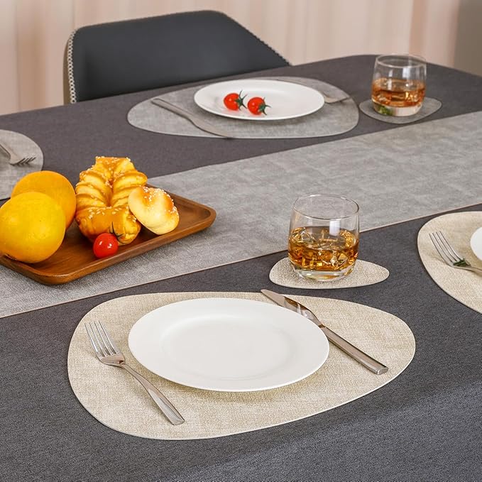 Placemats and Coasters, Washable Placemats Round Faux Leather Wipeable Place Mats Non Slip Heat Resistant Indoor Outdoor Table Mats (Set of 4, Light Gray Cream-White)
