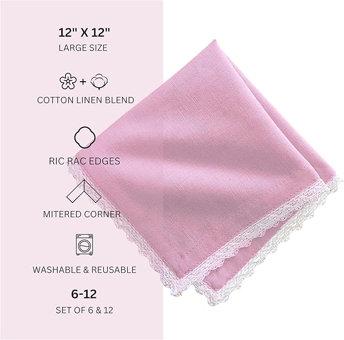Fingercraft Dinner Cloth Napkin Cotton Linen Blend 12 Pack 12In Mitered Corners with Elegant Lace for Everyday Use Napkins Cloth are Pre Shrunk and Good Absorbency Pastel Rose