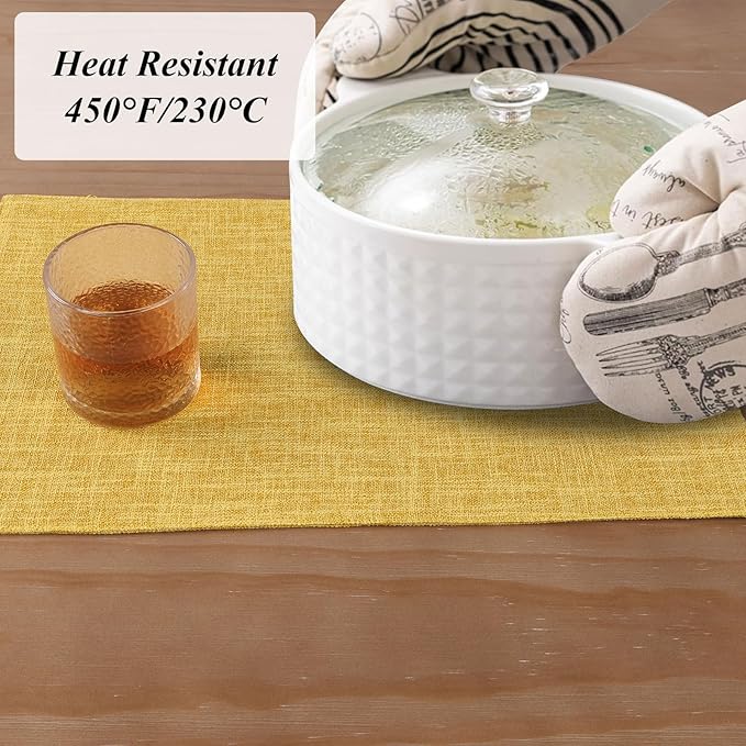 SHACOS Washable Cloth Placemats Set of 6 Fabric Place Mats Non Slip Double Layered Thick Faux Linen Placemat Reversible Table Mats Home Wedding Table Decor, Yellow