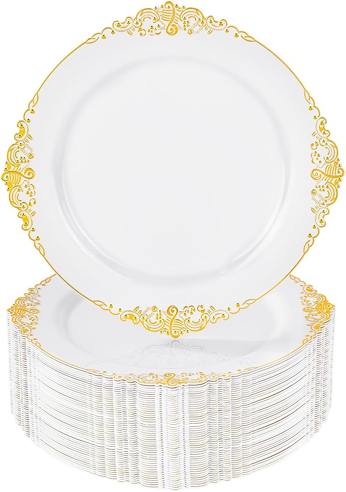 Nervure 100Pcs White and Gold Plastic Plates - 10.25Inch Gold Disposable Plates - Heavyweight Dinner Plate for Wedding & Party