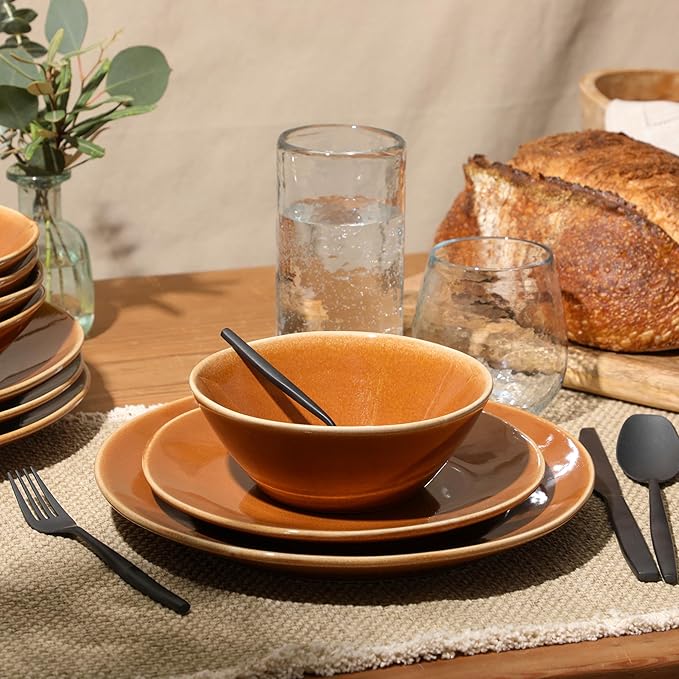 Bloomhouse - Two Time Oprah's Favorite Things Winner - Montecito Breeze 16 Piece (Service for 4) Double Plates and Bowls Stoneware Reactive Glaze Dinnerware Set - Terracotta Canyon