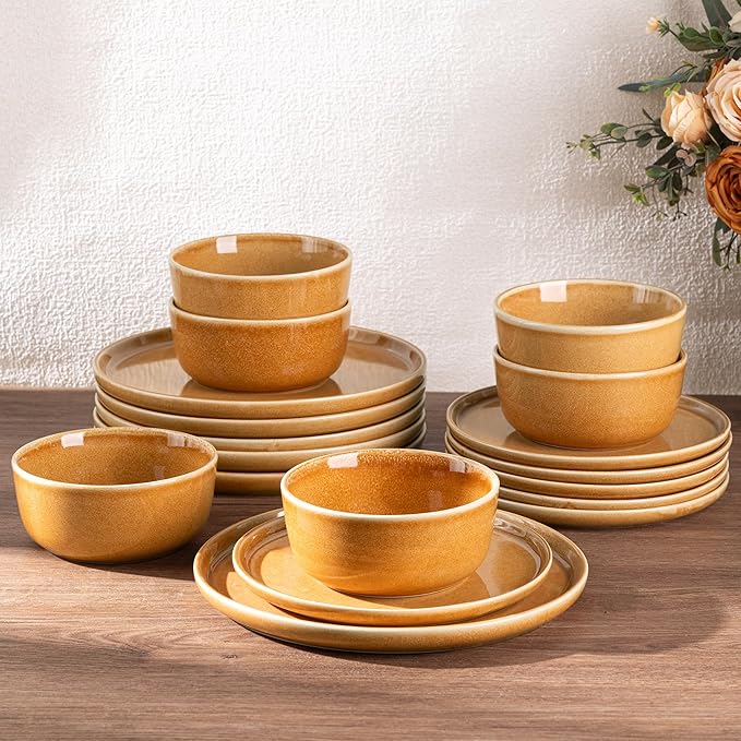 GBHOME Ceramic Dinnerware Sets for 6, 18 Pieces Stoneware Plates and Bowls Sets, Scratch Resistant Dishes, Dishwasher & Microwave Safe, Reactive Glaze-Amber