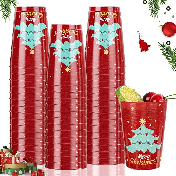 I00000 50Pcs 12oz Christmas Tree Design Christmas Plastic Cups, Premium Disposable Cups Cocktail Cup, Red Xmas Party Cup with Star Pattern Design, Perfect for Xmas Party