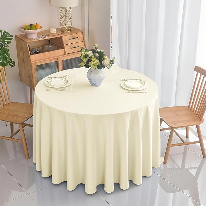 2-Pack Round 90-inch Beige Table Cloths, Solid Stain and Wrinkle Resistant Circular Tablecloth, Premium Plain Weave Polyester Fabric Table Linen Covers for Hotel, Banquet