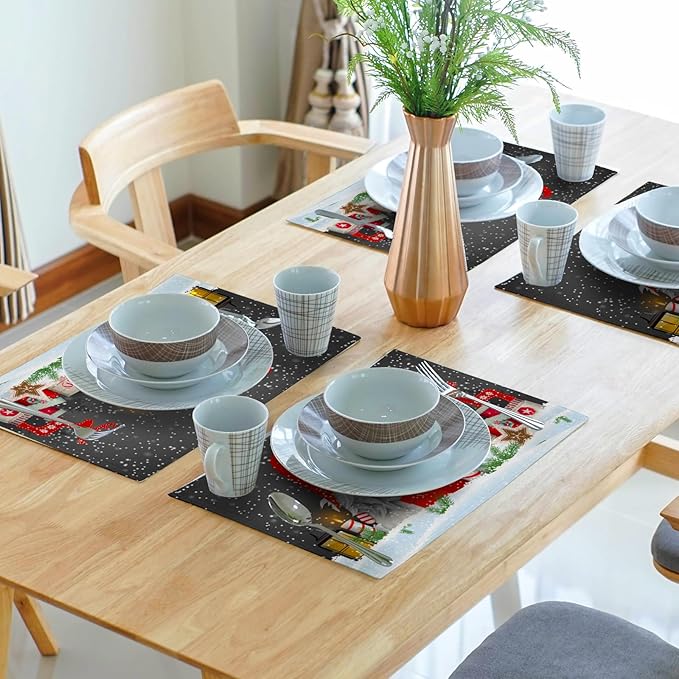 Giwawa Christmas Gnome Placemats, Xmas Elf Reindeer Place Mat for Kitchen Dining, Winter Snowflakes Non-Slip Washable Table Mats for Tabletop Holiday Camping Decor, Set of 4, 12"x18"