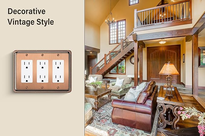 Henne Bery Rope Edge Decorative Wall Plate Switch Plate Outlet Cover (Triple Decorator, Antique Copper)