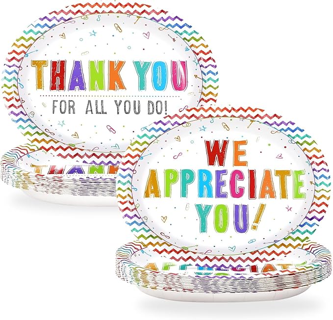 50Pcs Thank You Oval Paper Plates 10" x 12" Large We Appreciate You Paper Platters Teacher Appreciate Dessert Plates for Valentine’s Day Volunteer Employee Teacher Doctor Appreciation Party Decor