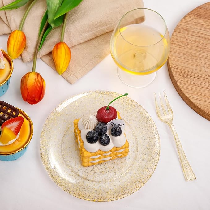 Festiva 200Pcs Gold Glitter Dessert Plates 6.3" with Forks 5"-Small Plastic Dessert/Cake/Appetizer Plates Disposable for 100 Guests Easter Party &Wedding& Birthday&New Year