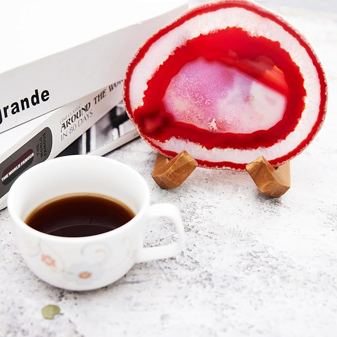 Luxury Lane Large Natural Brazilian Agate Slice Geode Rock Stone Drink Coaster with Wood Holder 4.7-5.5 inch Centerpiece Table Decoration, Red