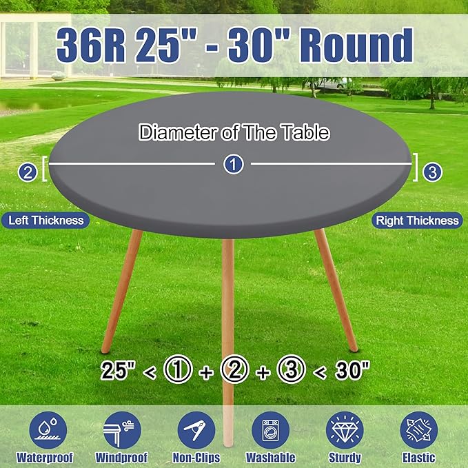 Round Spandex Tablecloth, Elastic Fitted Waterproof Tablecloths for 25"-30" Tables, Stretch Washable Picnic Table Cover for Camping, Dining, Indoor and Outdoor, Grey